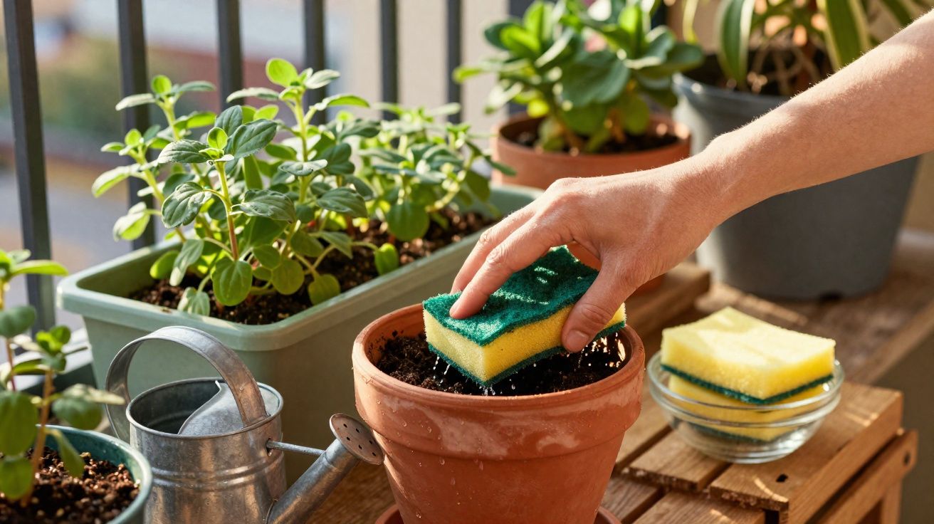 Mão usando esponja para regar plantas em vaso de barro em área com outras plantas e regador metálico.