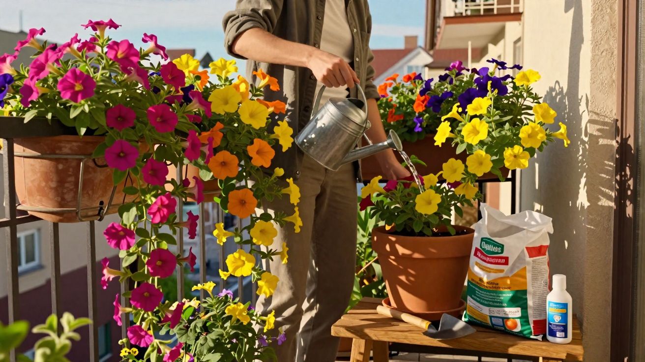 Pessoa regando flores coloridas em vasos no parapeito de uma varanda ensolarada.