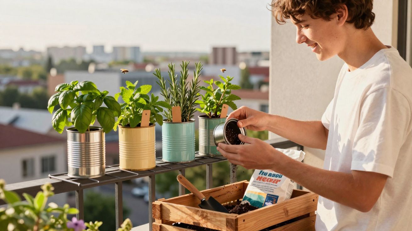 Jovem regando plantas em vasos de metal em varanda com cidade ao fundo.