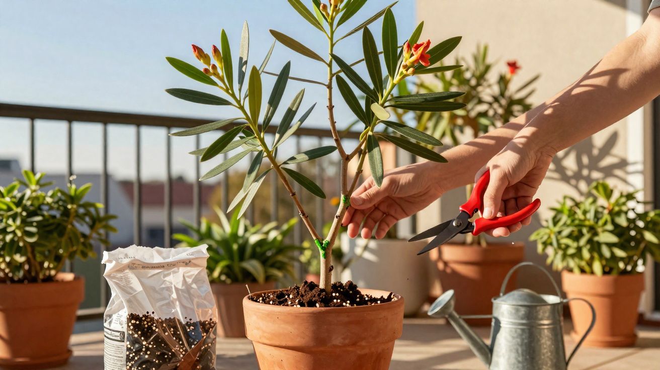 Mãos podando planta com flores vermelhas em vaso de cerâmica em varanda ensolarada com regador e solo.