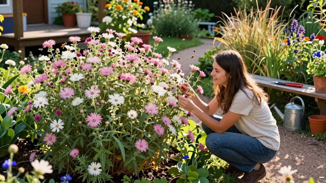 Mulher cuidando de flores rosas e brancas em jardim ensolarado com plantas ao fundo.