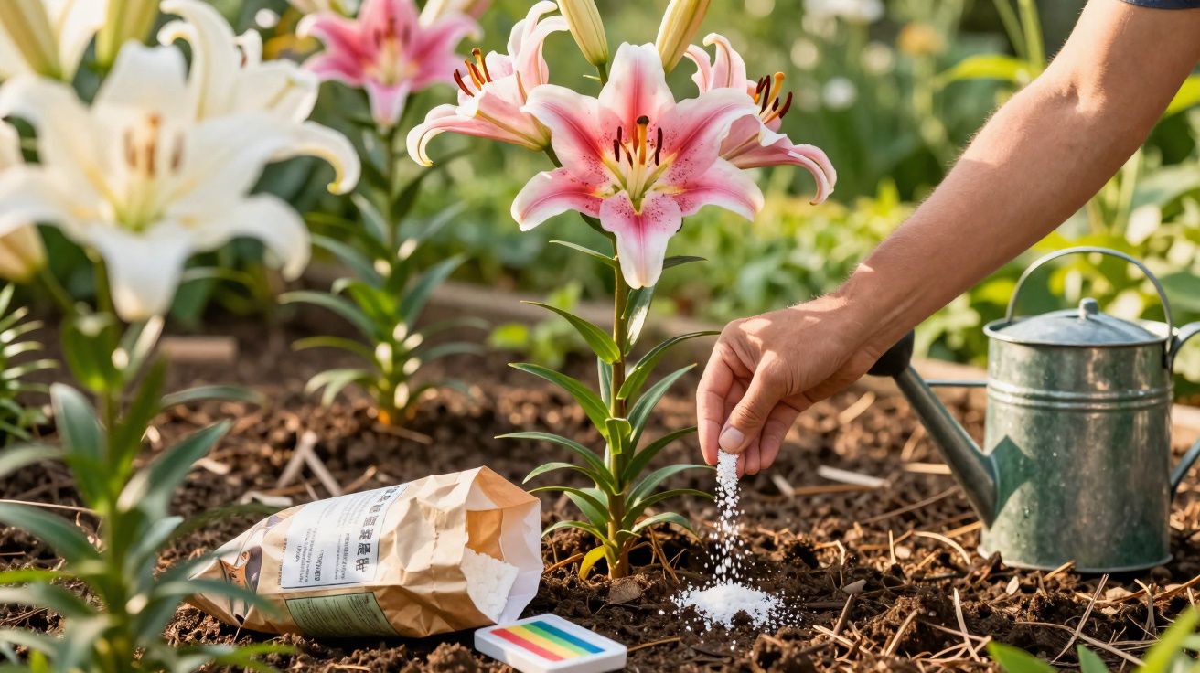 Pessoa adicionando fertilizante em planta de lírio rosa em jardim bem cuidado com regador ao lado.