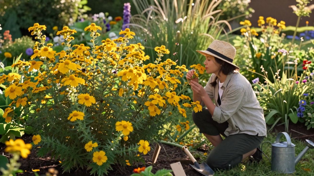 Mulher de chapéu cuidando e cheirando flores amarelas em jardim ensolarado.