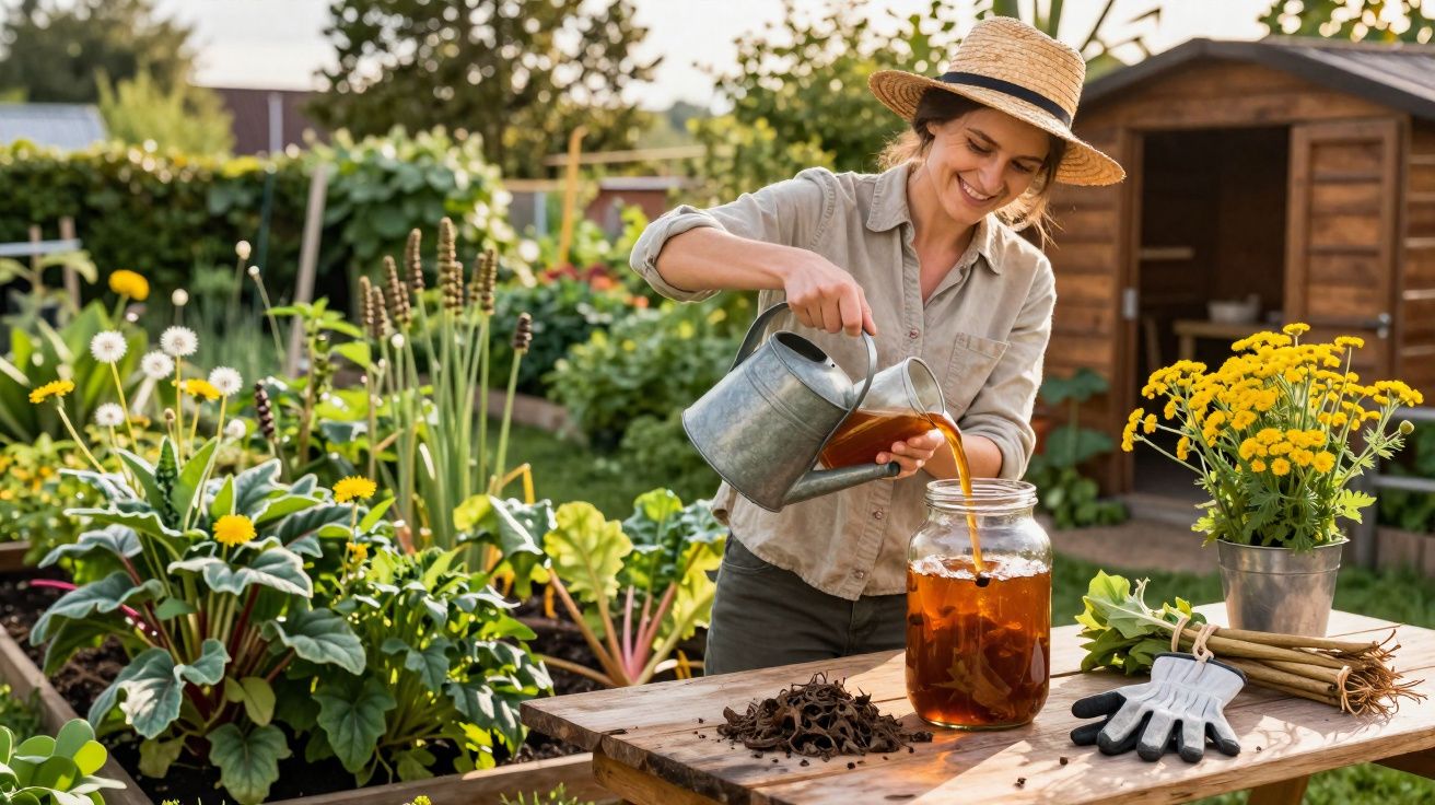 Mulher sorridente regando plantas com regador em jardim ao ar livre com flores e galpão ao fundo.