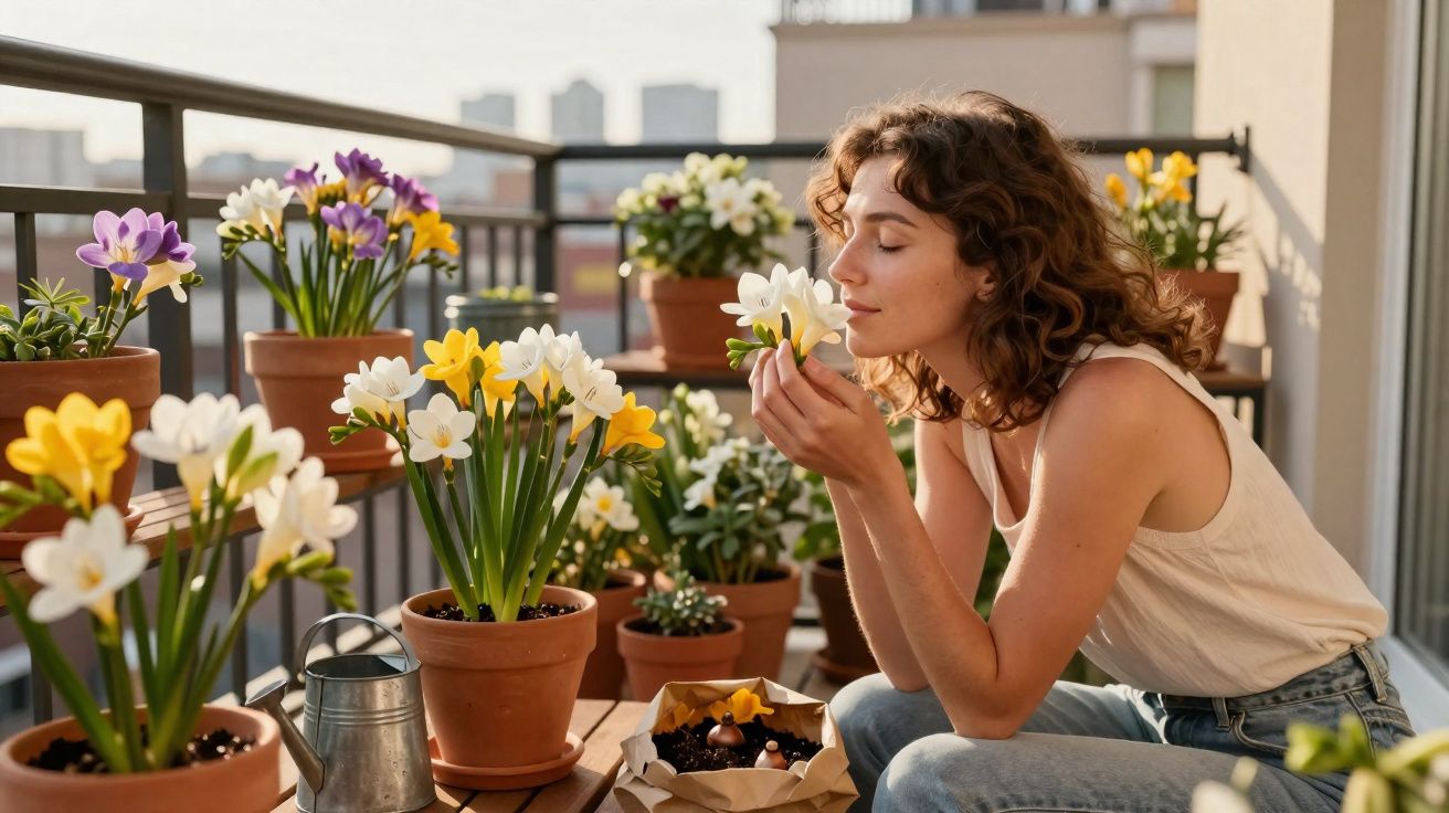 Mulher cheirando flores em vaso no jardim de varanda ao ar livre em tarde ensolarada.