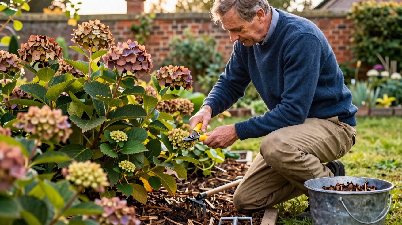 Homem idoso cuidando de flores em jardim, podando com tesoura de jardinagem.