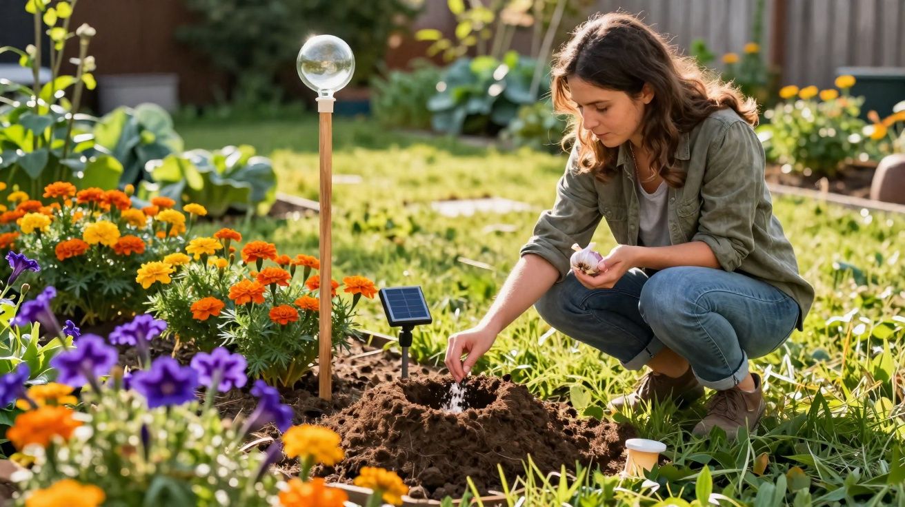 Mulher regando planta em canteiro cercado por flores coloridas em jardim ensolarado.
