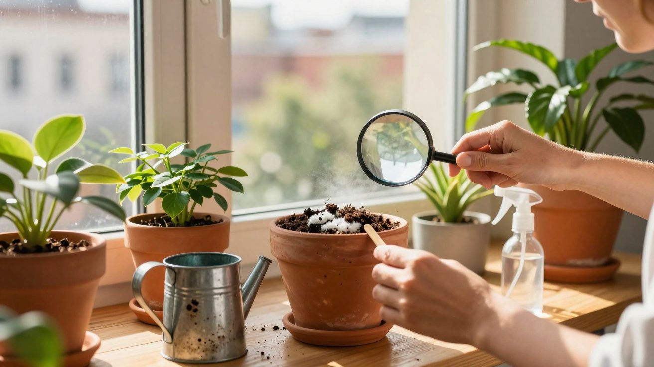 Pessoa usando lupa para observar terra em vaso de planta na janela com regador e borrifador ao lado.