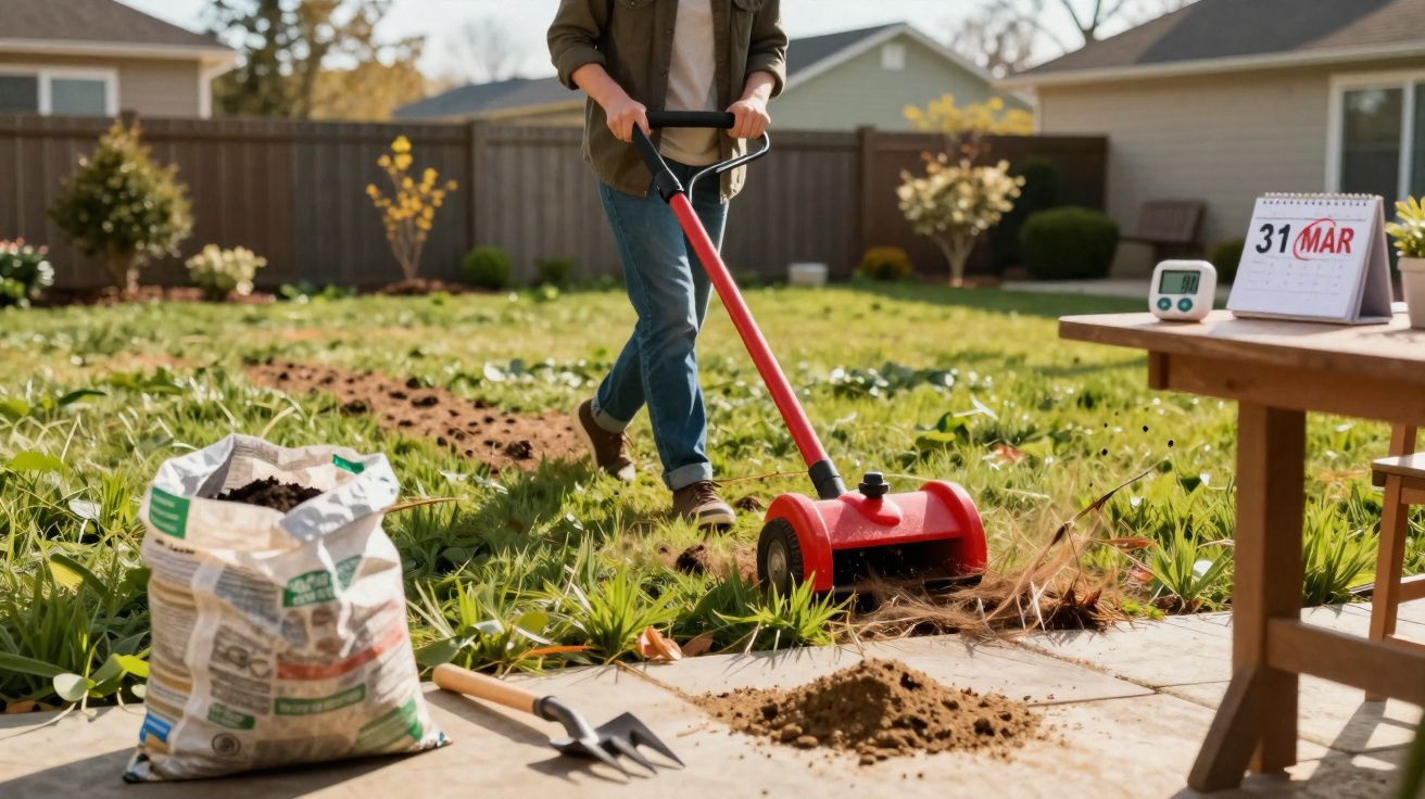 Pessoa usando ferramenta vermelha para limpar ervas daninhas em jardim residencial com terra, planta e calendário marcado em 