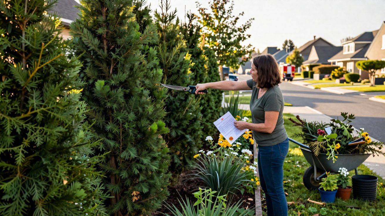 Mulher podando arbustos verdes em jardim residencial durante o dia, com carrinho de mão cheio de plantas.