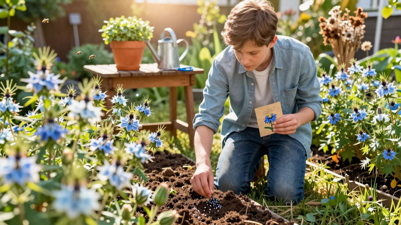 Menino plantando sementes em jardim florido com flores azuis e ferramentas ao fundo.