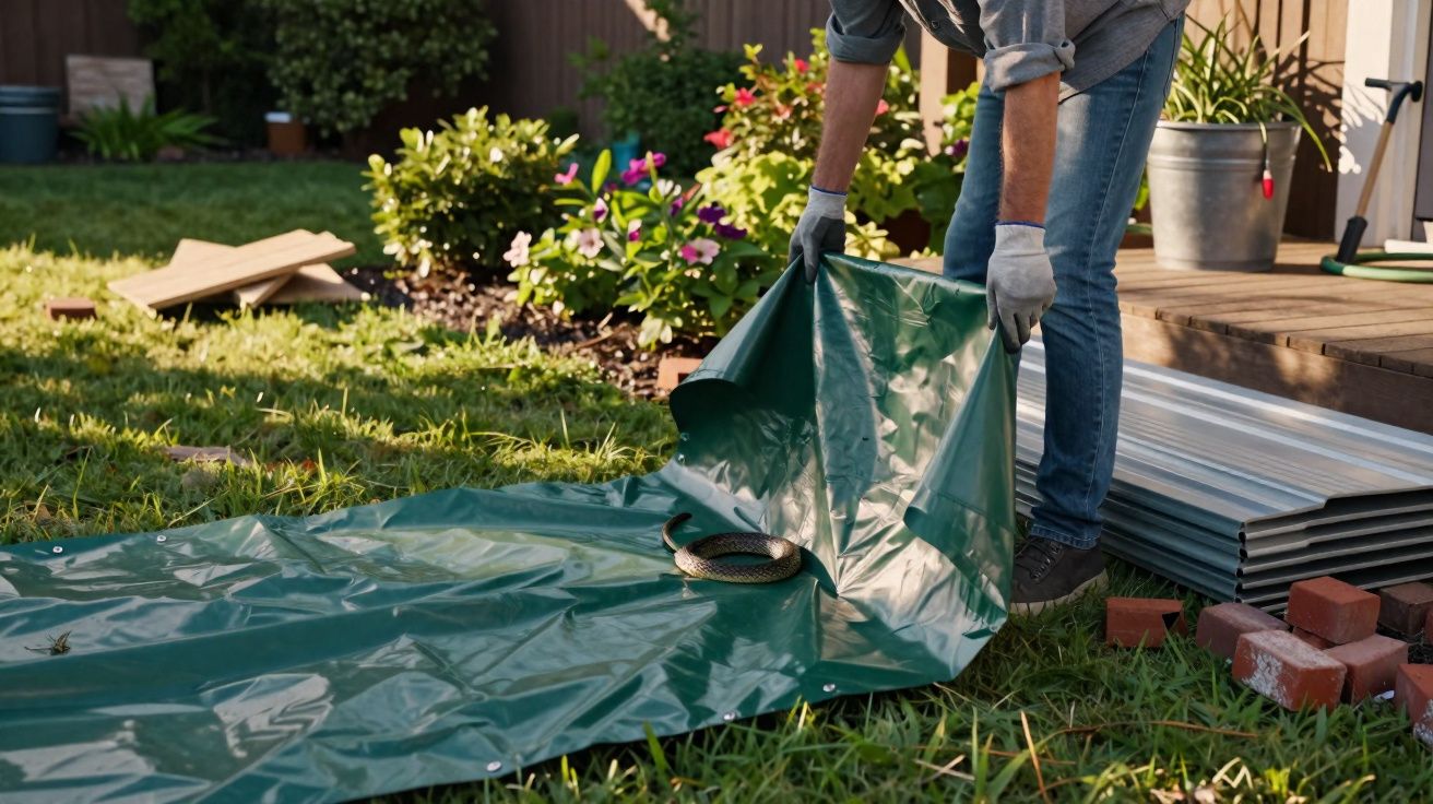 Pessoa manuseando lona verde para capturar uma cobra em um jardim residencial ensolarado.