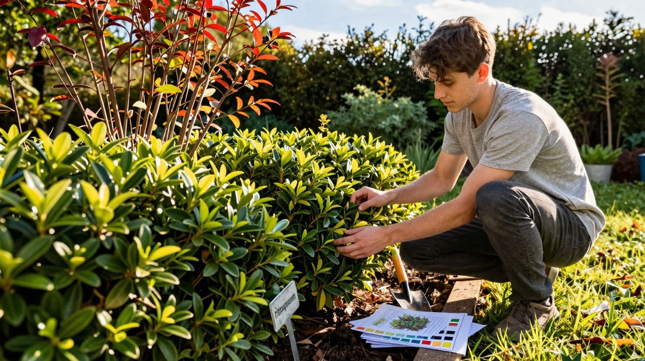 Jovem cuidando de plantas verdes em um jardim ensolarado, com ferramentas e catálogo ao lado.