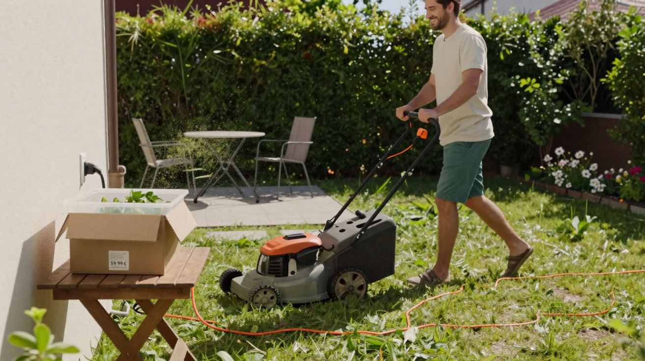 Homem usando cortador de grama elétrico para aparar jardim em área residencial ensolarada.
