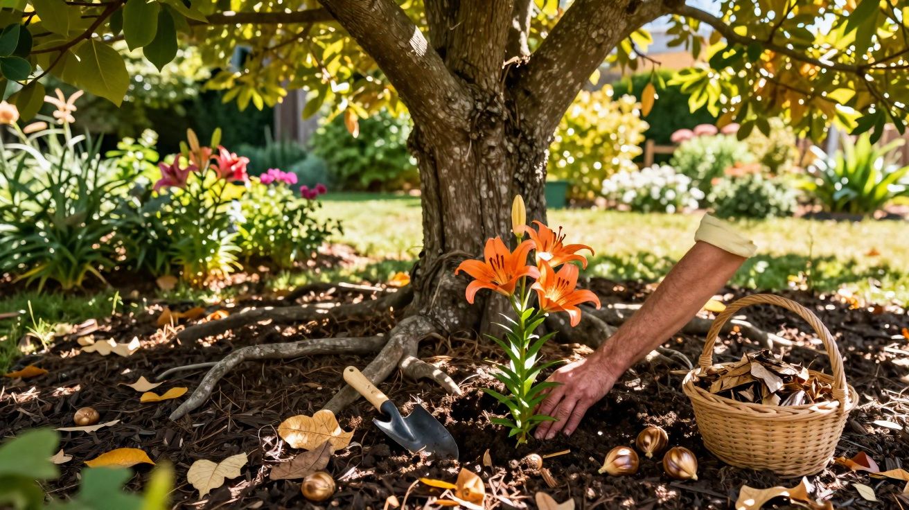 Pessoa plantando lírio laranja em jardim com cesta de folhas secas e pá sob árvore com raízes expostas.