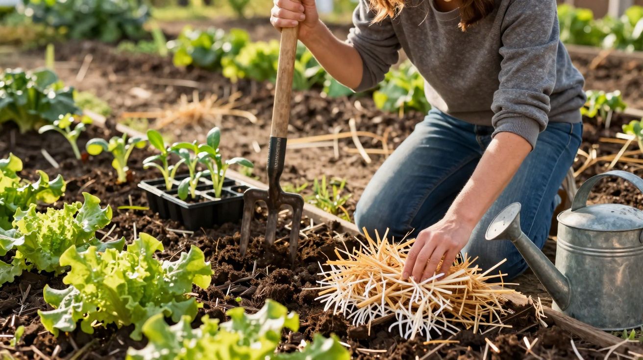 Pessoa preparando canteiro de plantas com ancinho e regador em horta de hortaliças.