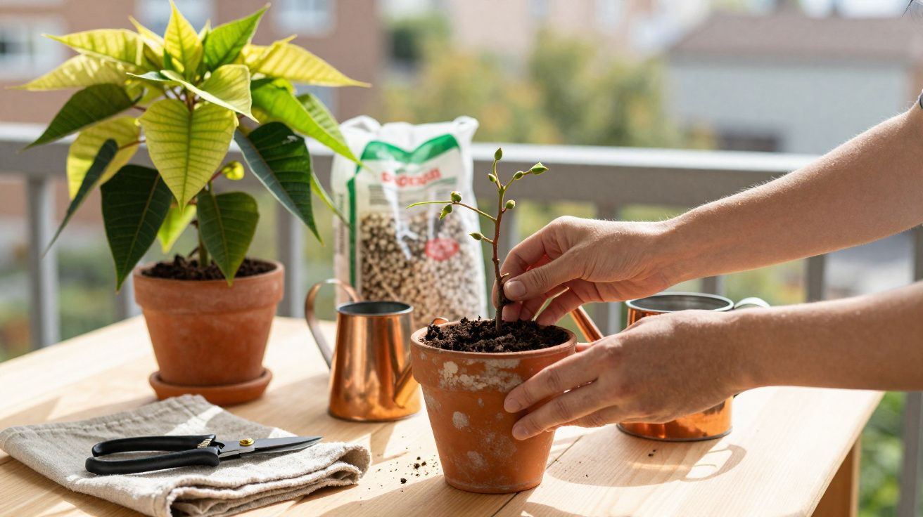 Mãos plantando muda em vaso de barro em mesa com planta, regadores, tesoura e substrato.