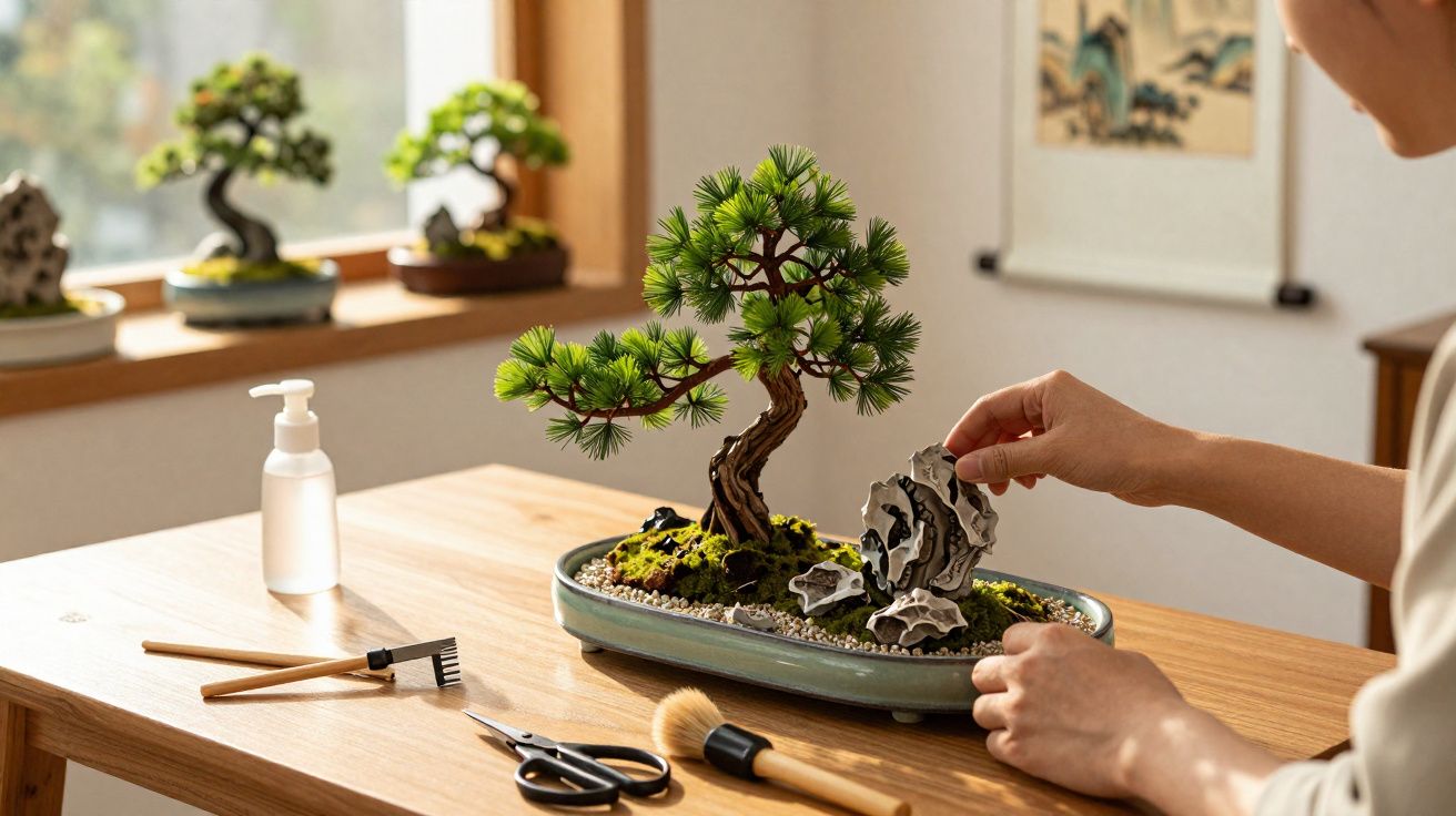 Pessoa cuidando de uma árvore bonsai em vaso sobre mesa com ferramentas de jardinagem.