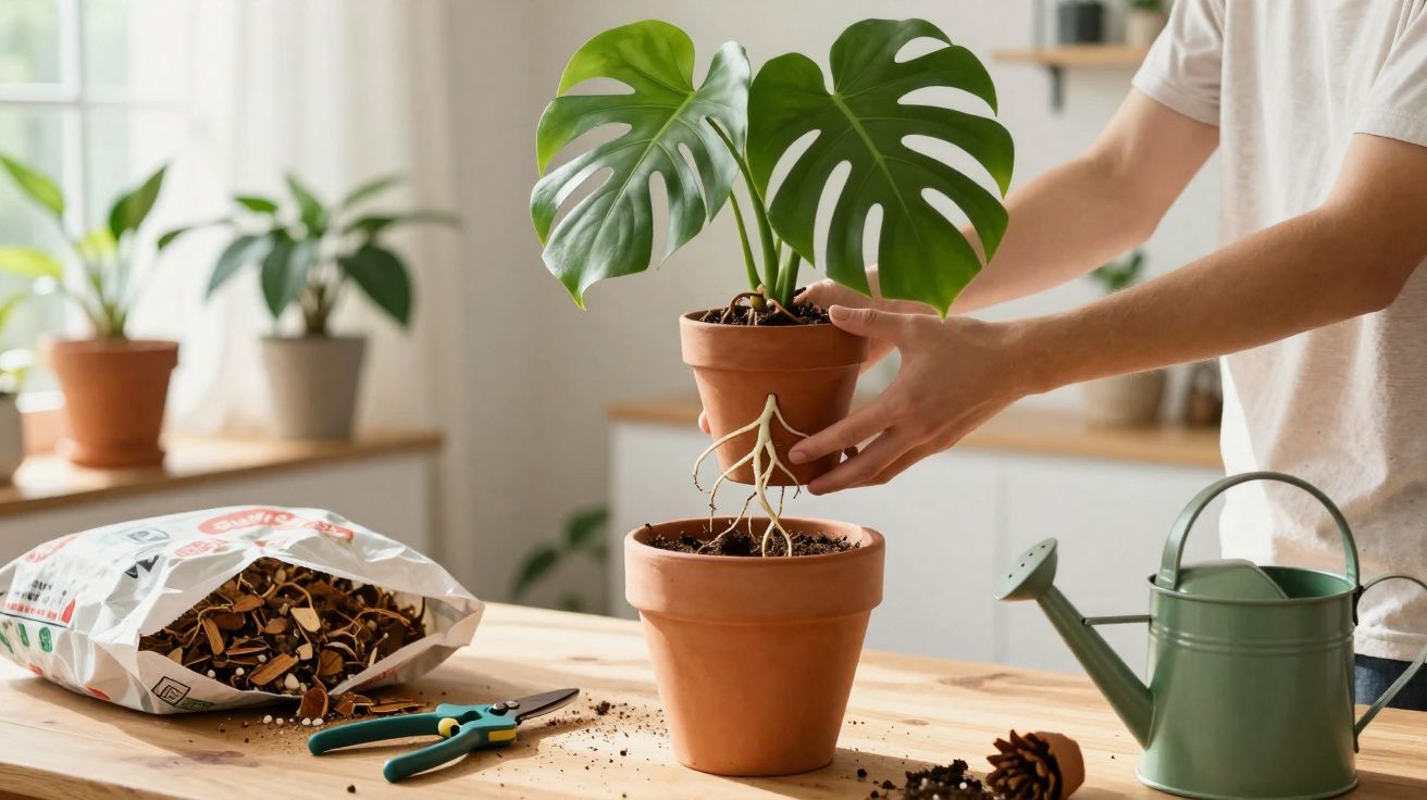 Pessoa transplantando planta com folhas grandes para vaso de barro em ambiente iluminado.