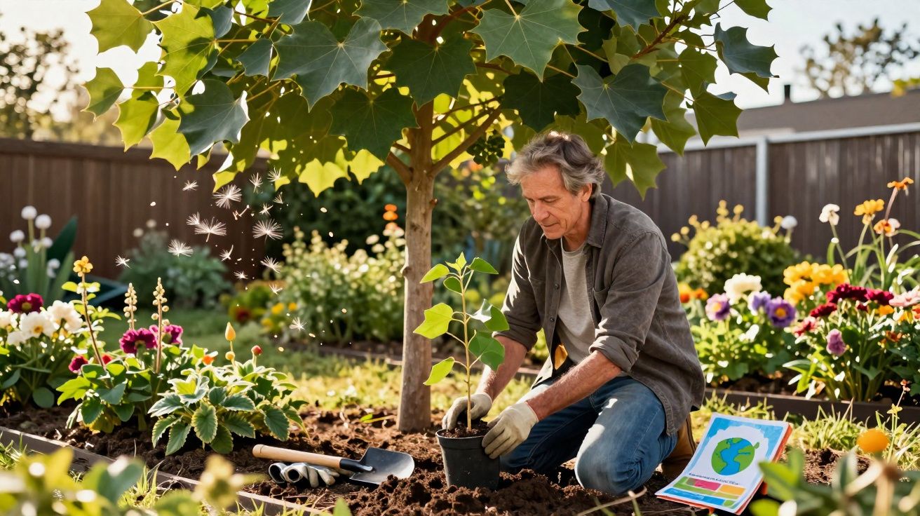 Homem plantando muda em jardim florido com luvas, pá e caderno ambiental ao lado.