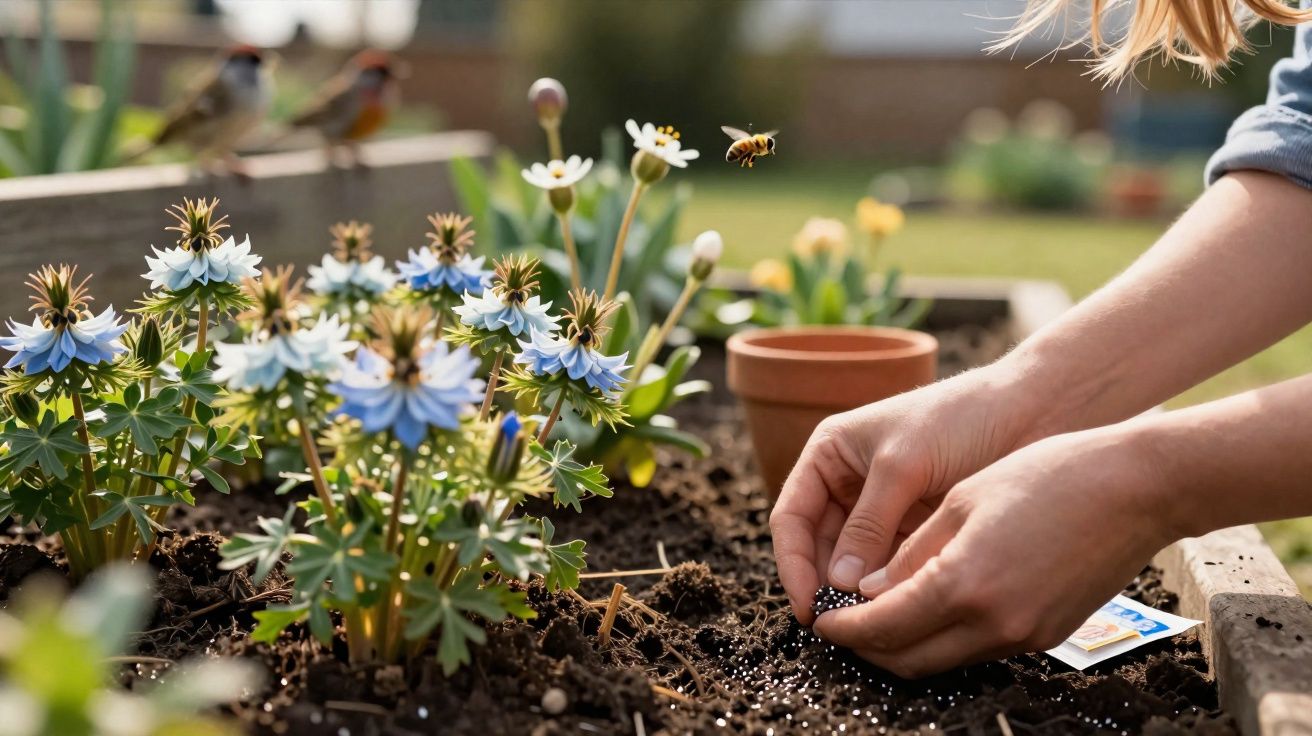 Mãos femininas plantando sementes em canteiro com flores azuis e abelha voando ao fundo.