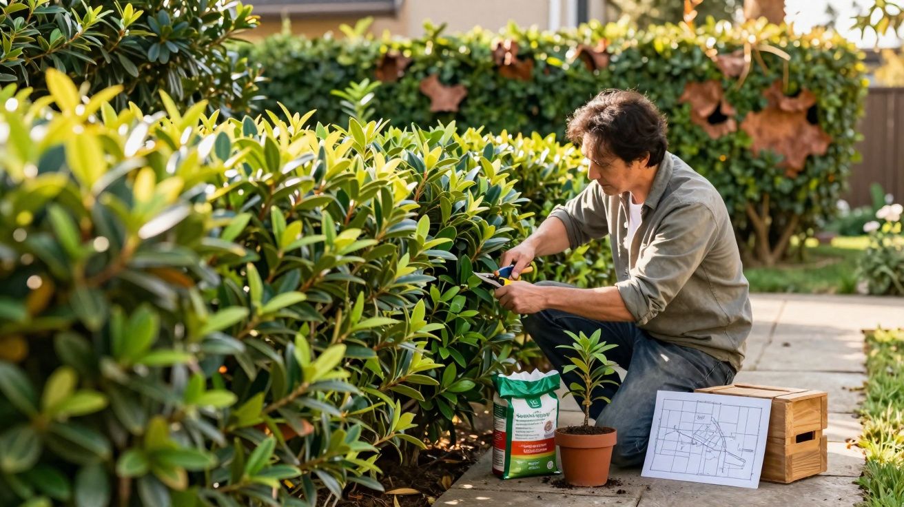 Homem cuida de arbustos com tesoura de poda em jardim ensolarado ao lado de planta e fertilizante.