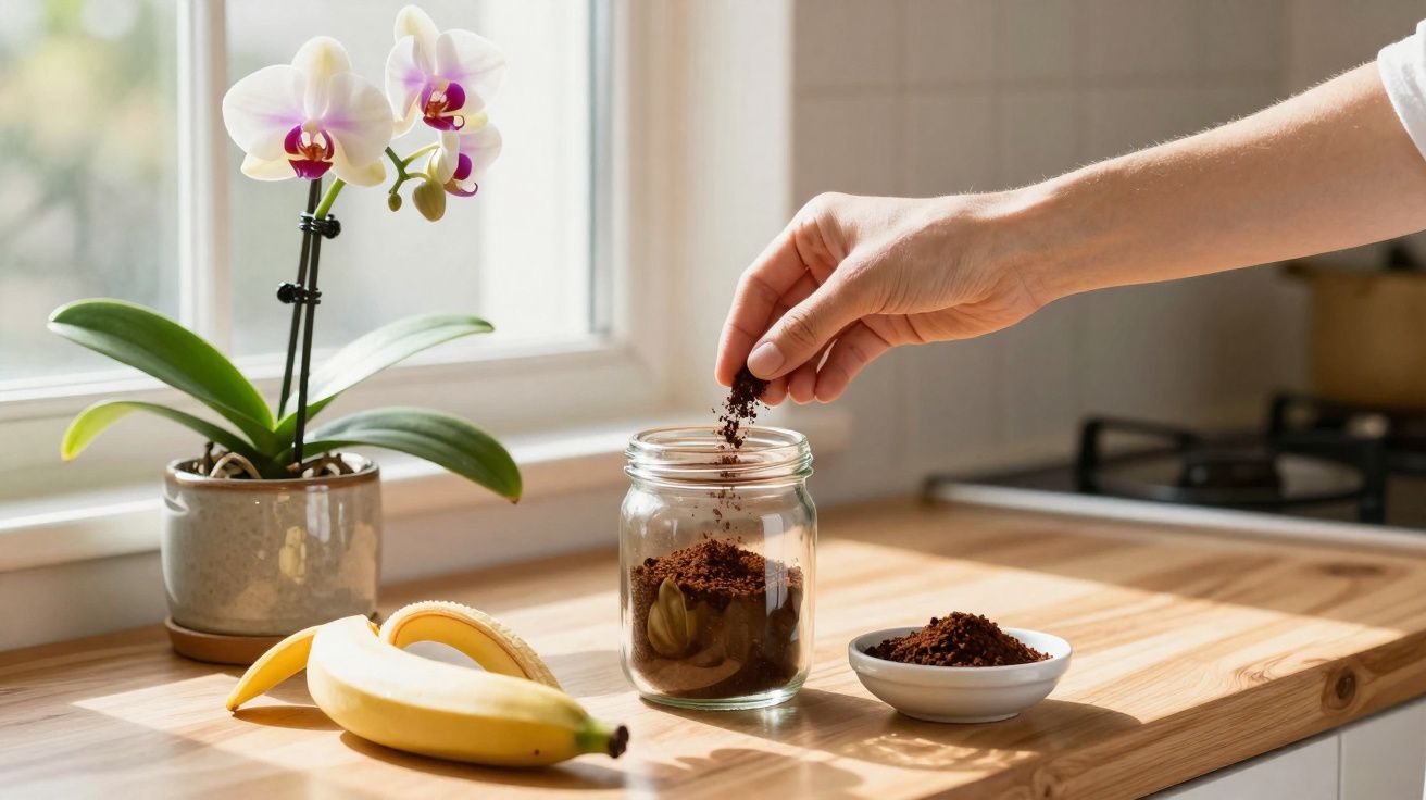 Mão colocando café em pó em pote de vidro sobre bancada com banana e orquídea branca no fundo.
