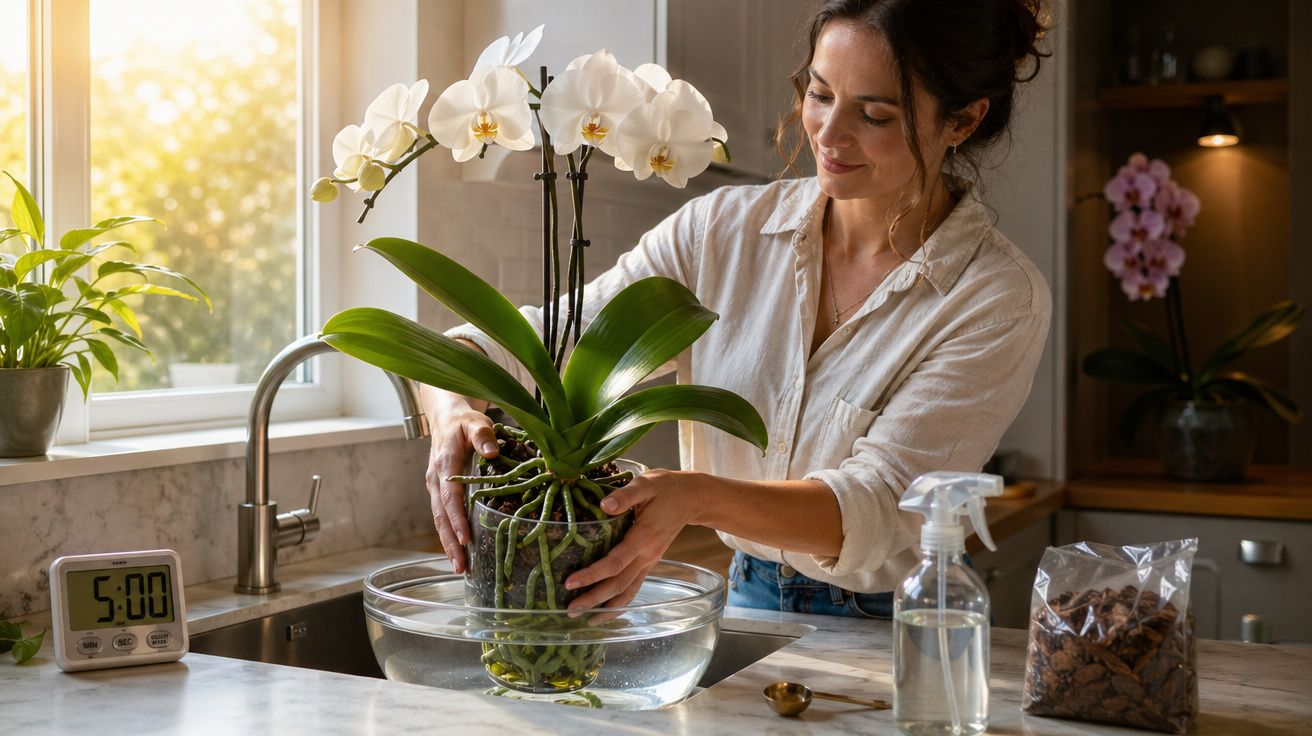 Mulher regando orquídea branca na cozinha com luz do sol entrando pela janela.