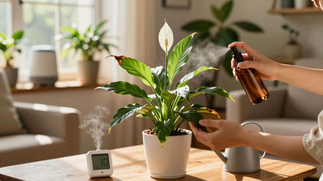 Pessoa borrifando água em planta com flor branca em vaso branco sobre mesa de madeira em ambiente iluminado.