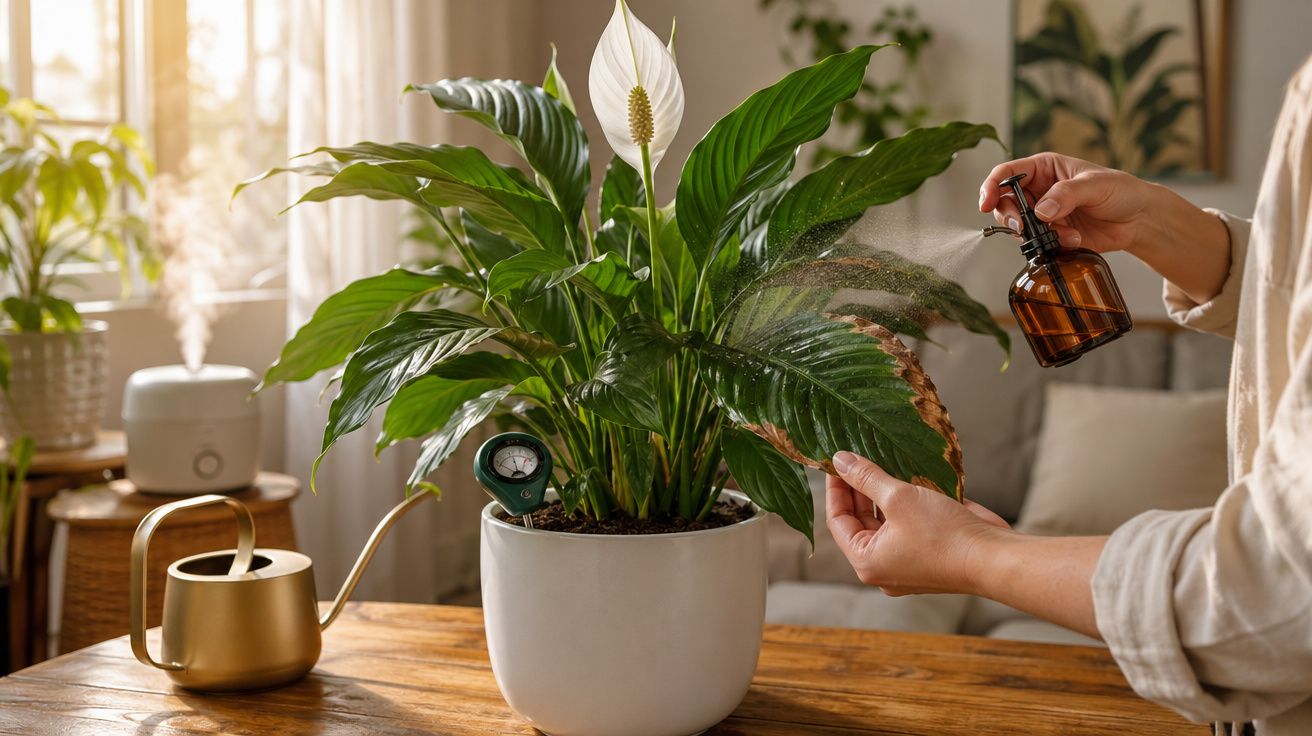 Pessoa borrifando água em planta com flores brancas em vaso branco sobre mesa de madeira.