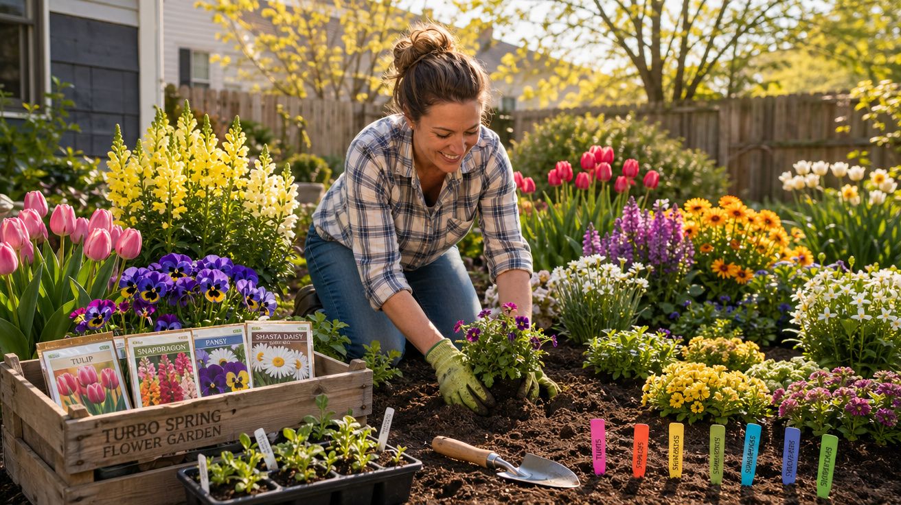 Mulher sorridente plantando flores em jardim ensolarado com diversas plantas coloridas ao redor.