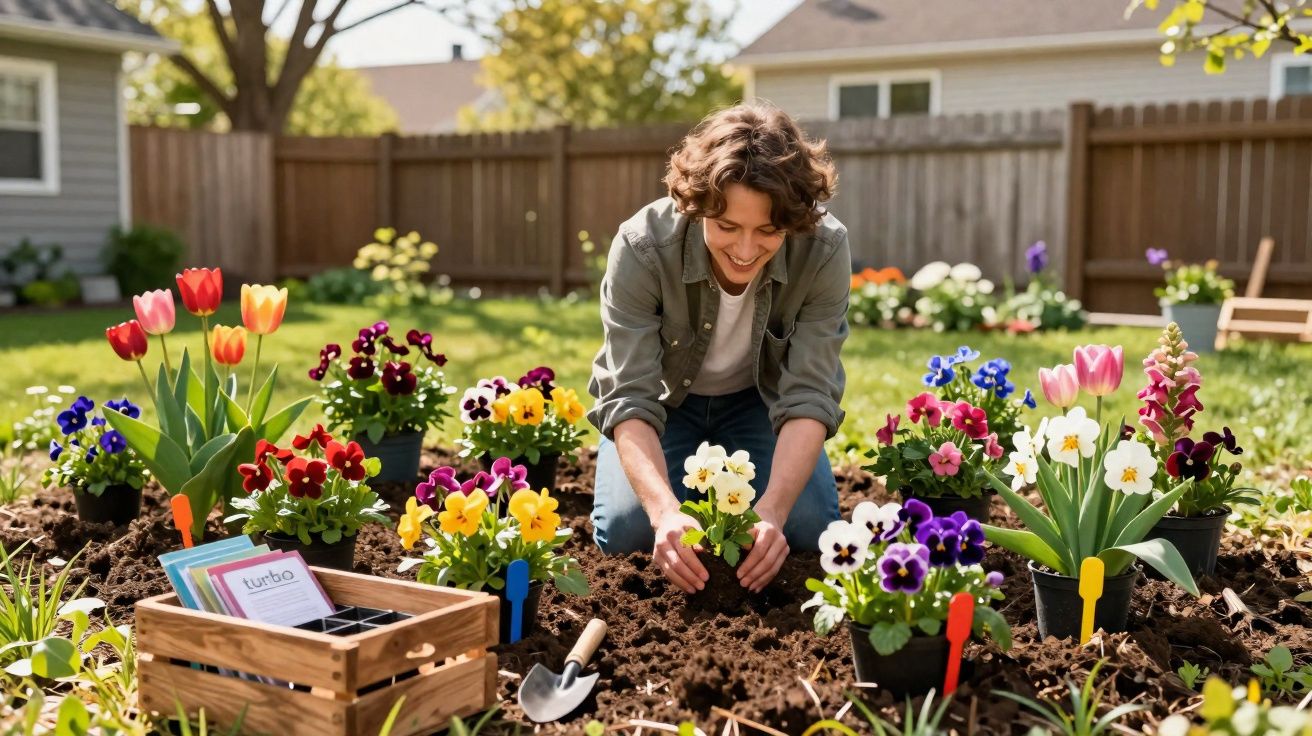 Pessoa sorridente plantando flores coloridas em canteiro no jardim de casa ensolarado.