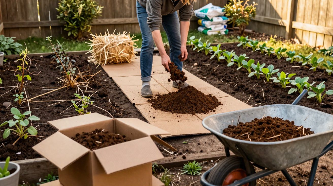 Pessoa espalhando terra com as mãos em canteiros de horta caseira organizada e cuidada.