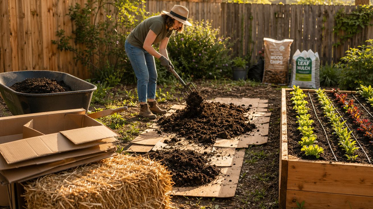 Mulher jardinando em quintal, espalhando composto orgânico sobre placas de papelão ao lado de canteiros.