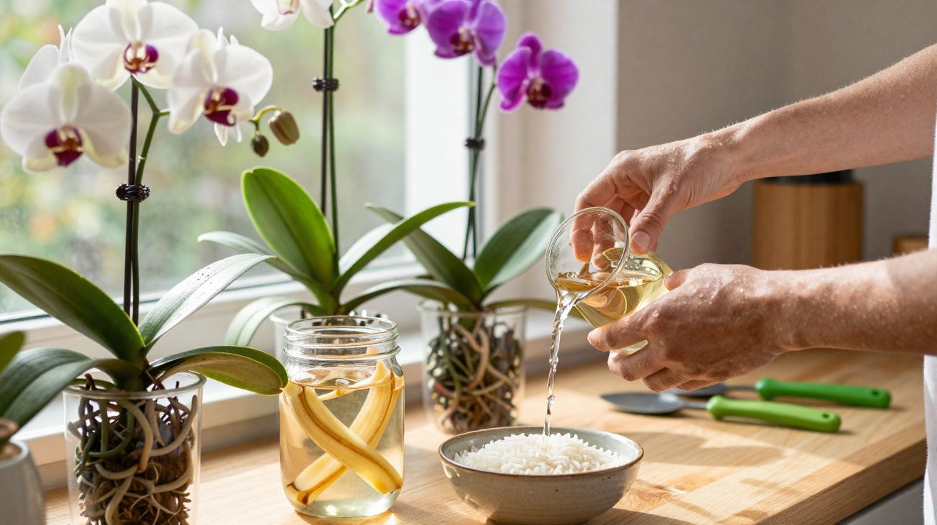 Mãos despejando líquido em uma tigela com arroz, ao lado de orquídeas em vasos sobre bancada de madeira.