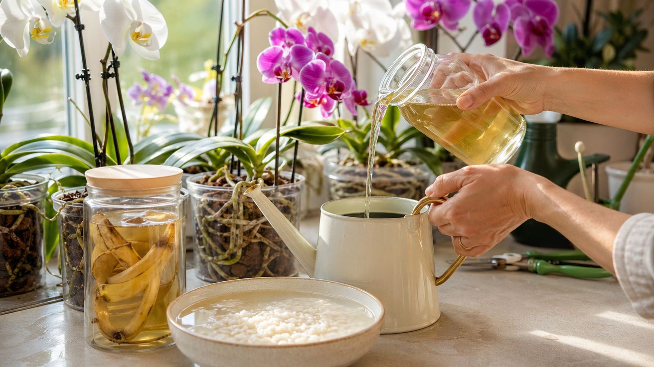 Pessoa despejando líquido em regador branco, com orquídeas brancas e roxas ao fundo em vasos transparentes.