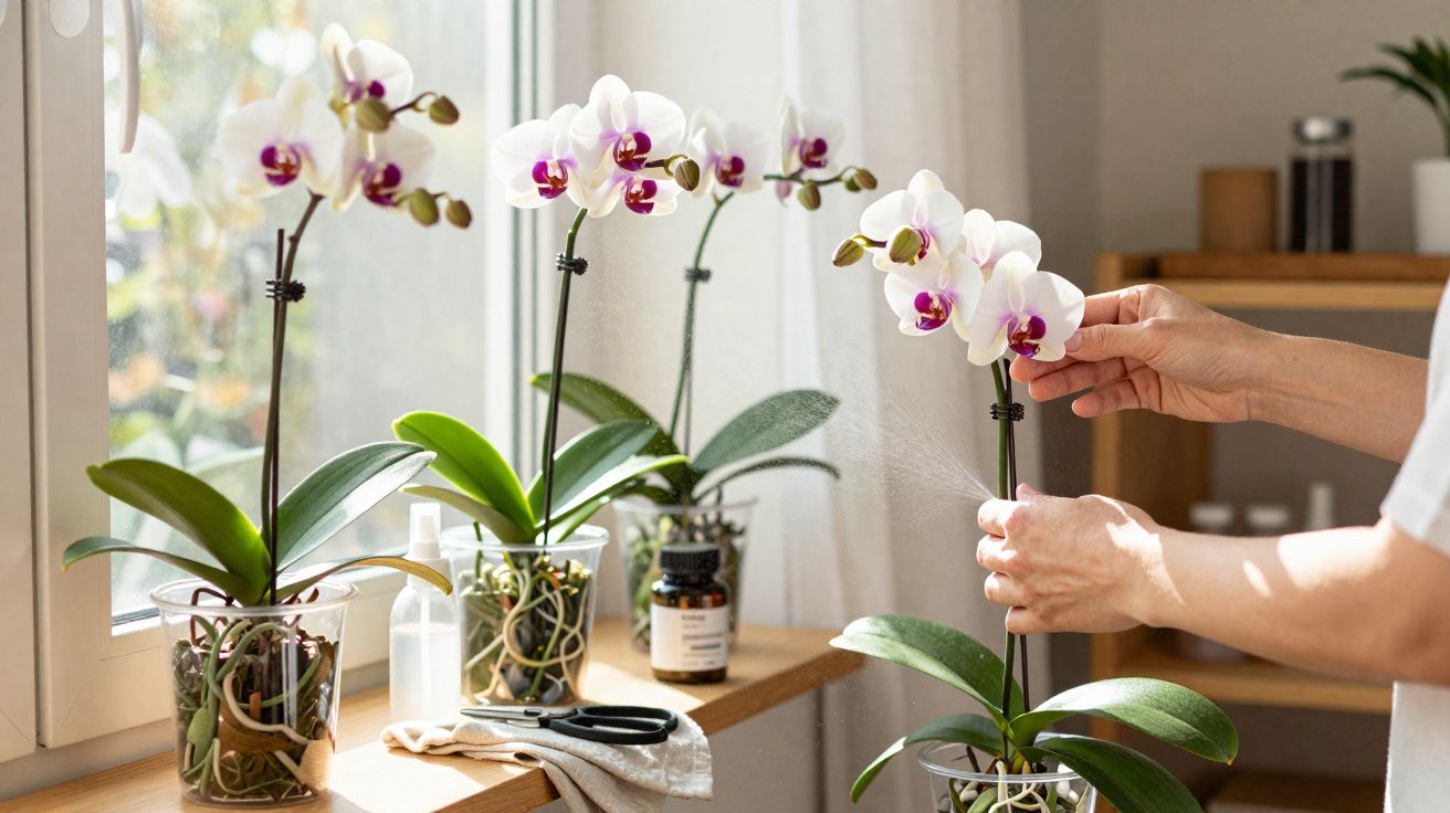 Pessoa cuidando de orquídea branca com centro roxo em vaso na janela em ambiente iluminado.