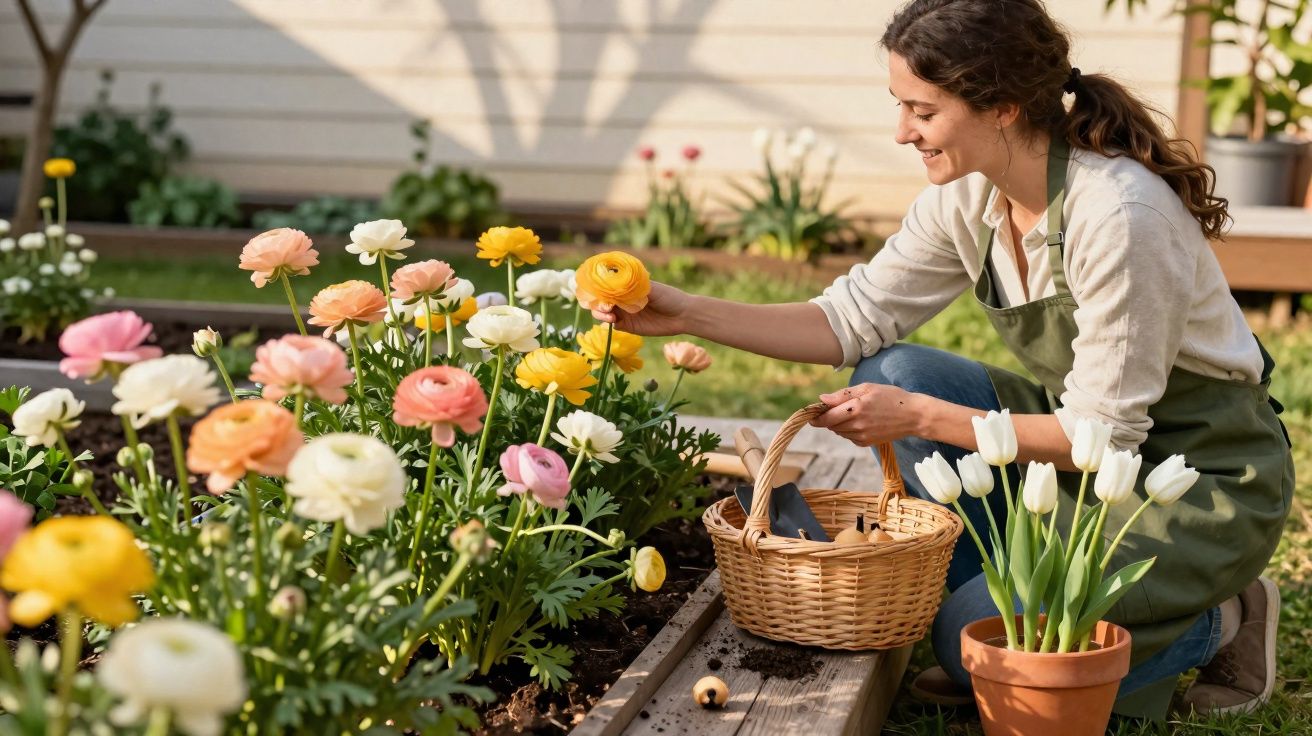 Mulher sorrindo cuidando de flores coloridas em jardim com cesta de vime ao lado.
