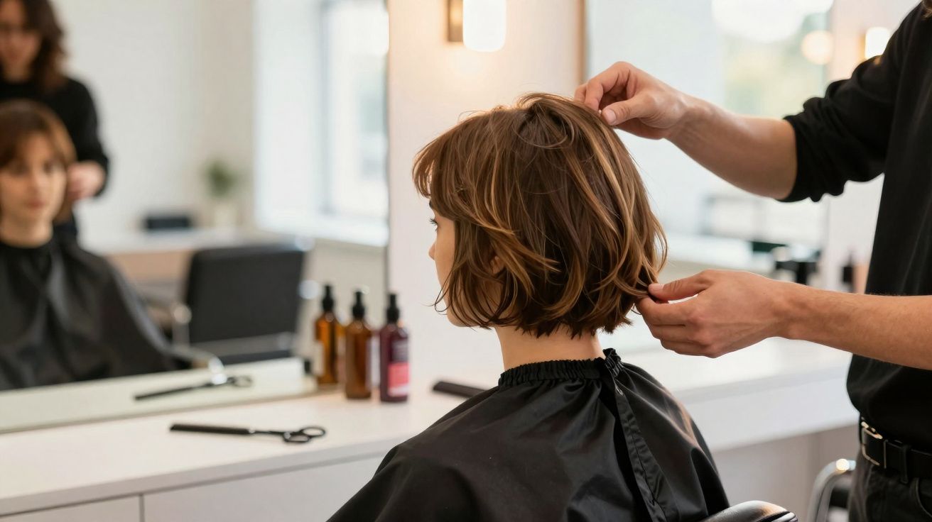 Mulher com cabelo curto castanho sendo atendida por cabeleireiro em salão de beleza moderno.