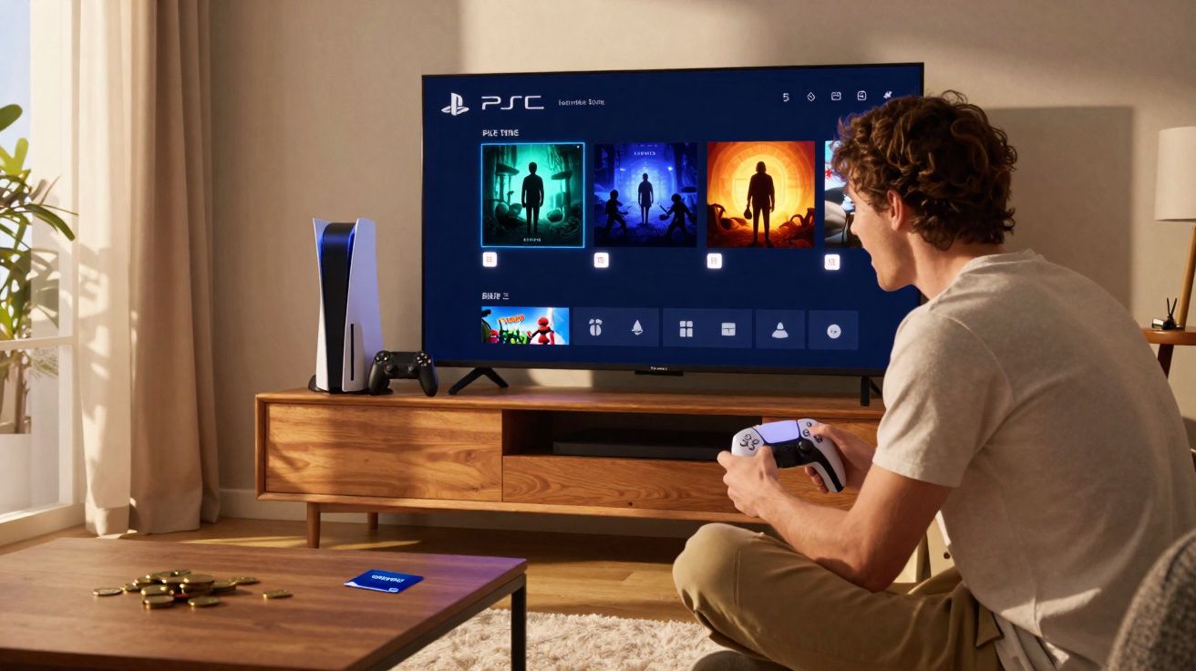 Homem jogando videogame PlayStation 5 com controle em sala de estar iluminada e TV na frente.