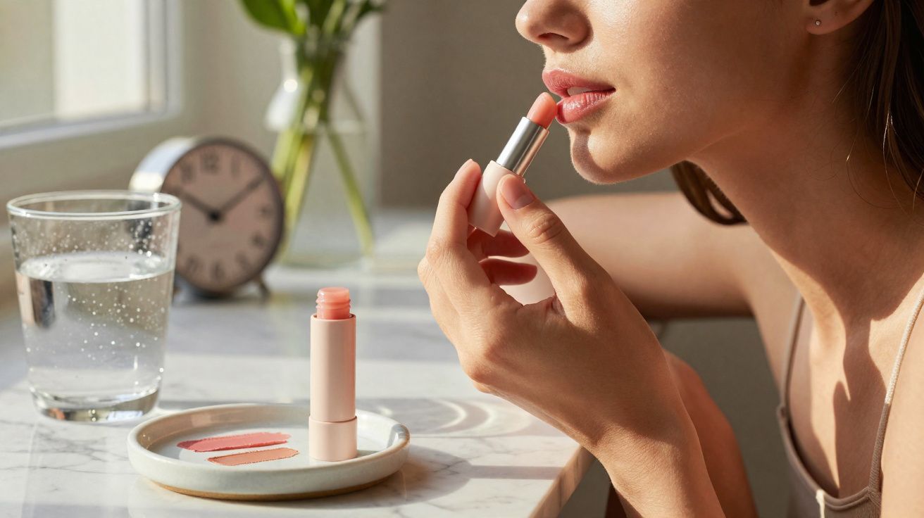 Mulher aplicar batom coral perto de vidro com água e relógio sobre mesa branca.