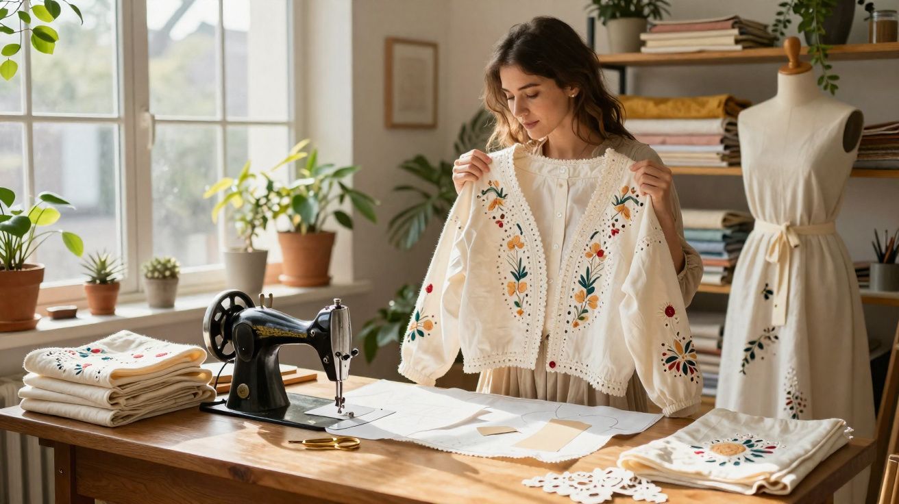 Mulher avaliando jaqueta bordada em ateliê com máquina de costura, tecidos e manequim ao fundo.