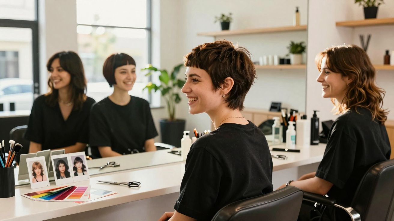 Três mulheres sorrindo sentadas em cadeiras de salão de beleza em frente a um espelho grande.