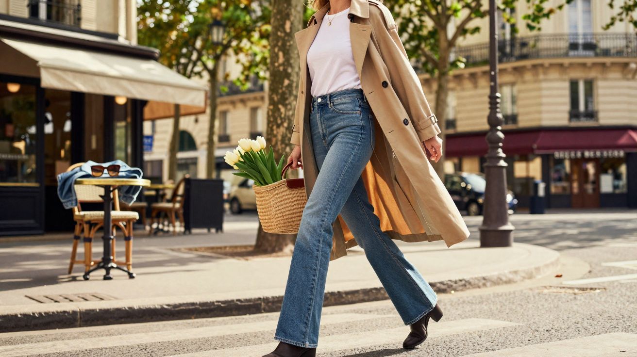 Pessoa caminhando na rua com casaco bege, jeans e bolsa de palha com flores brancas.