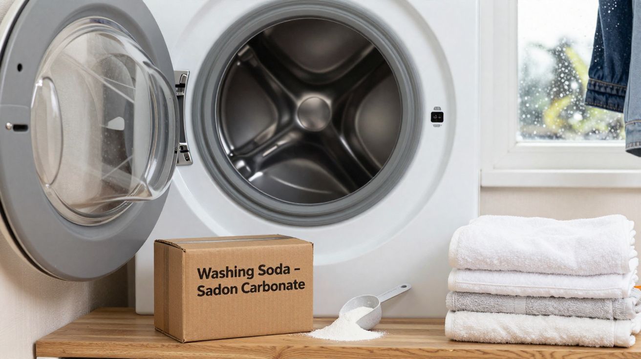 Máquina de lavar roupa aberta com caixa de bicarbonato de sódio, toalhas dobradas e janela ao fundo.