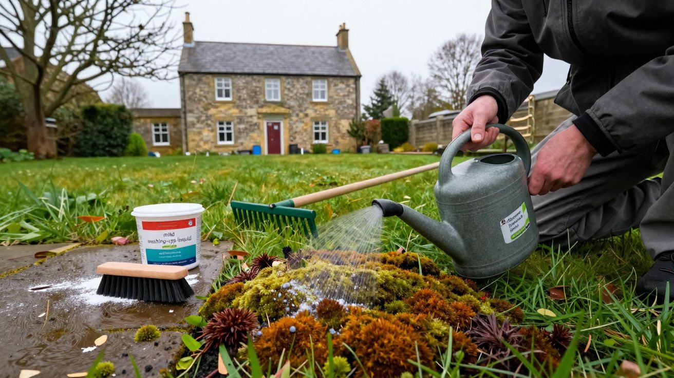 Pessoa regando plantas com regador em jardim de casa de pedra ao fundo em dia nublado.
