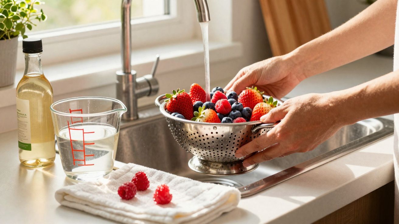 Mãos lavando frutas vermelhas em escorredor de metal na pia da cozinha com água corrente.