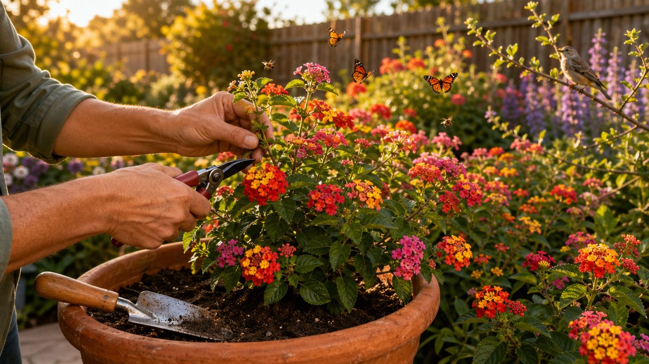 Pessoa podando flores coloridas em vaso de barro com borboletas ao entardecer no jardim.