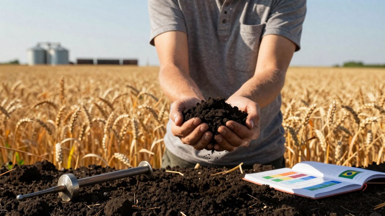 Pessoa segurando terra fértil em campo de trigo, com análise de solo e caderno aberto ao lado.