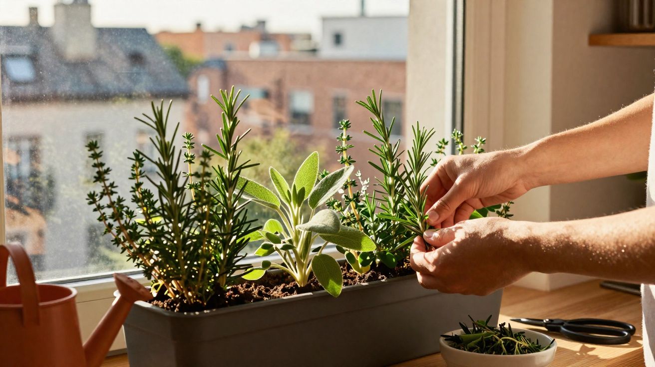 Mãos cuidando de plantas aromáticas em vaso na janela com regador e tesoura ao lado sobre a mesa.